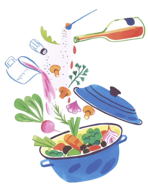 Illustration d'une marmite entourée de légumes et d'aromates